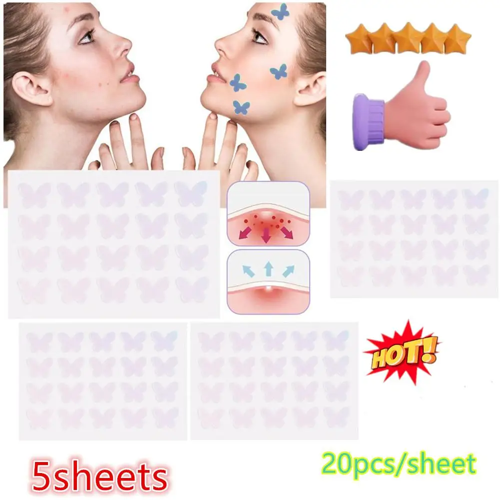 5x 20pc/sheet Acne Pimple Patch Invisible Acne Removal Stickers Butterfly Blemish Treatment Acne Master Pimple Remover Stickers