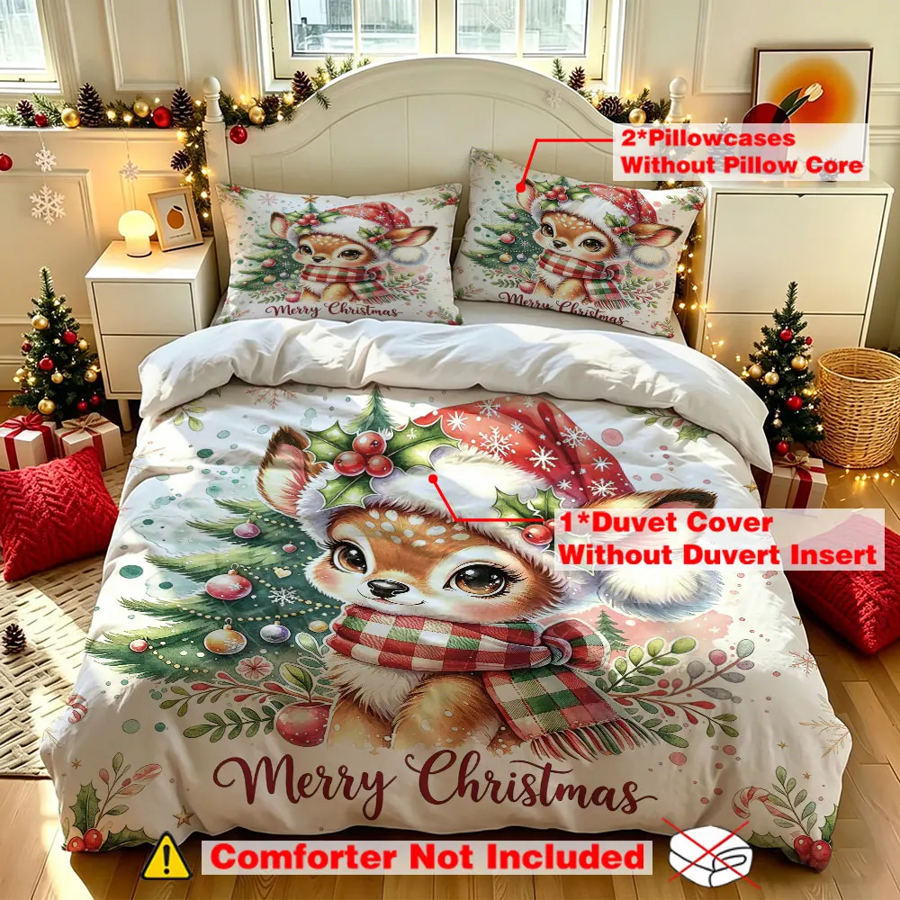 3pcs(1 duvet cover + 2 pillowcases, coreless)featuring a Christmas reindeer with hat Bedding set available in multiple sizes