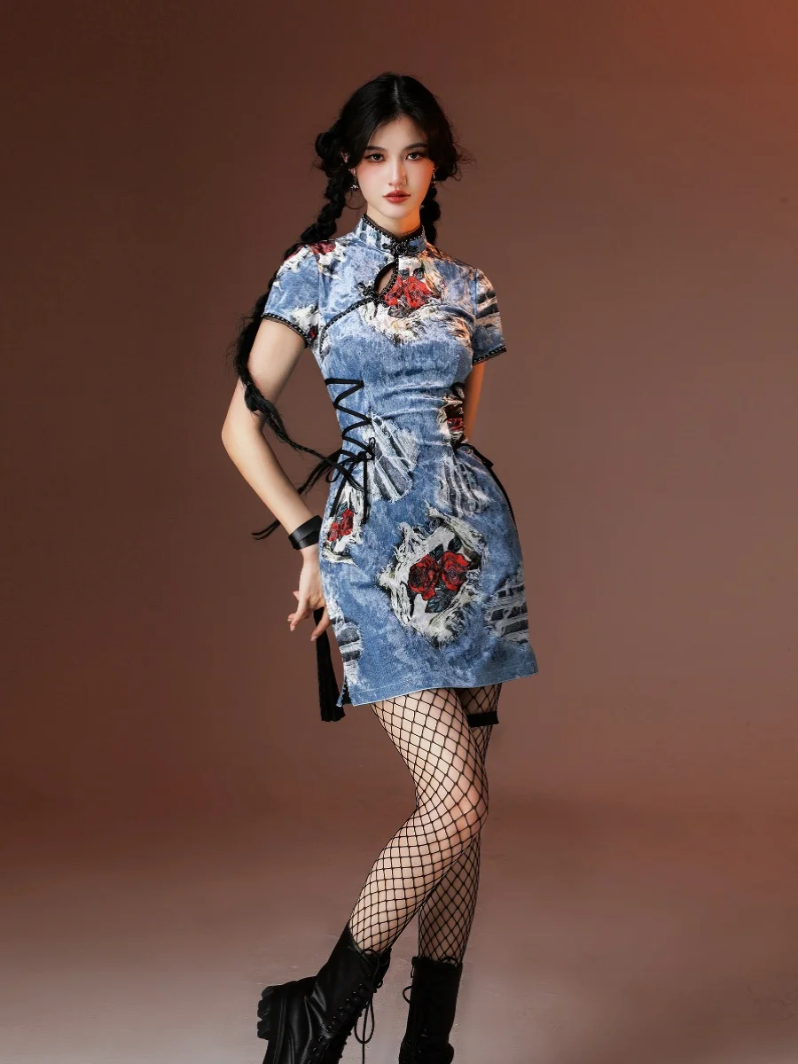 Jupe longue Qipao en velours imprimé denim, élégante, à fente haute, pour femme, confortable, style vintage hippie, pour le quotidien