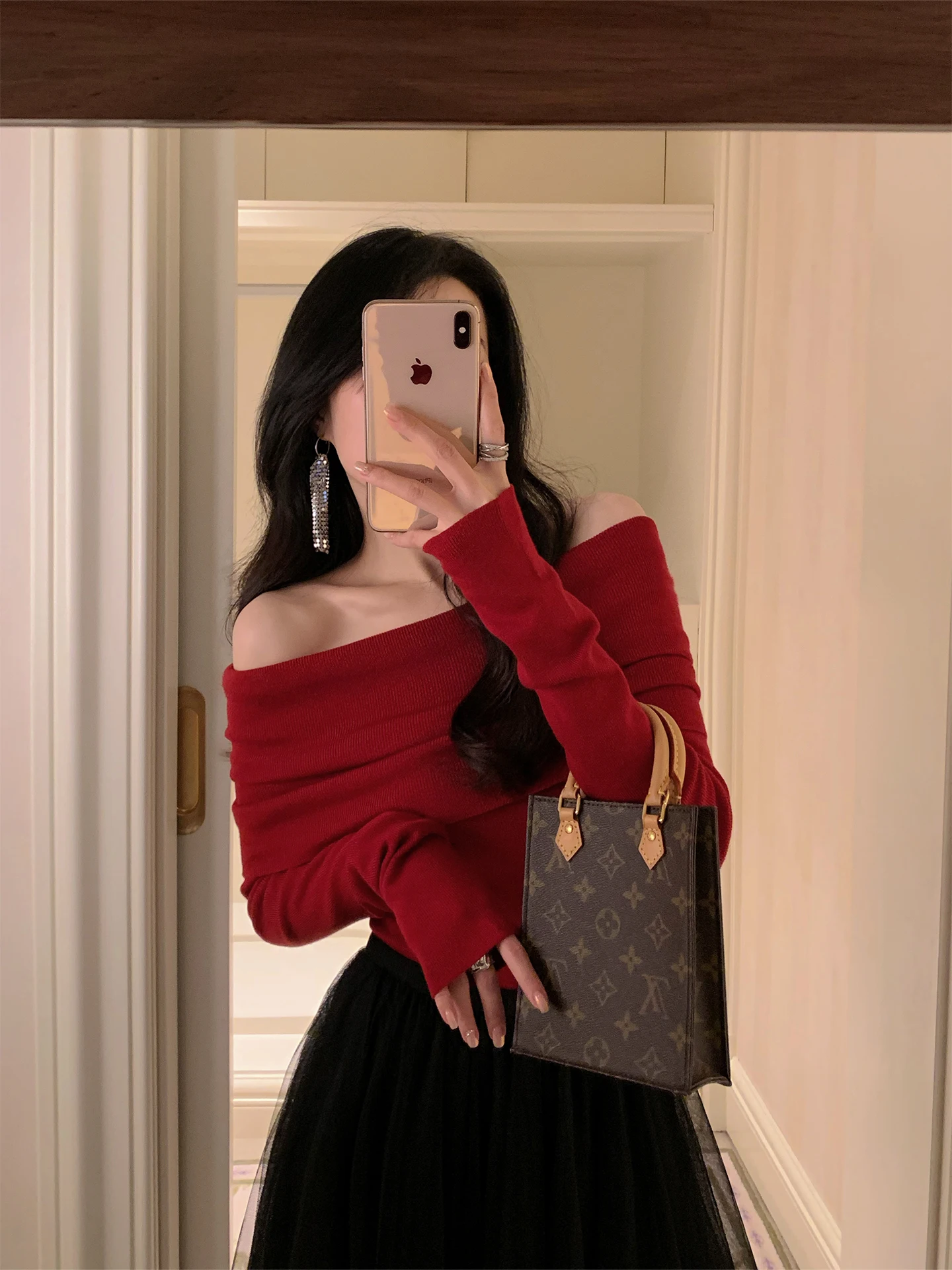 

Red Knitted One-oulder Women's Slim Fit Ele Maturi Sle Top Light Mature Ele Sle Cotton Blend Long Sve Crew...