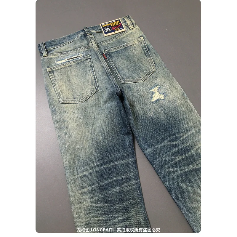 Broken hole patch heavyweight jeans for men 2025 new style American retro non elastic loose straight tube nostalgic long pants