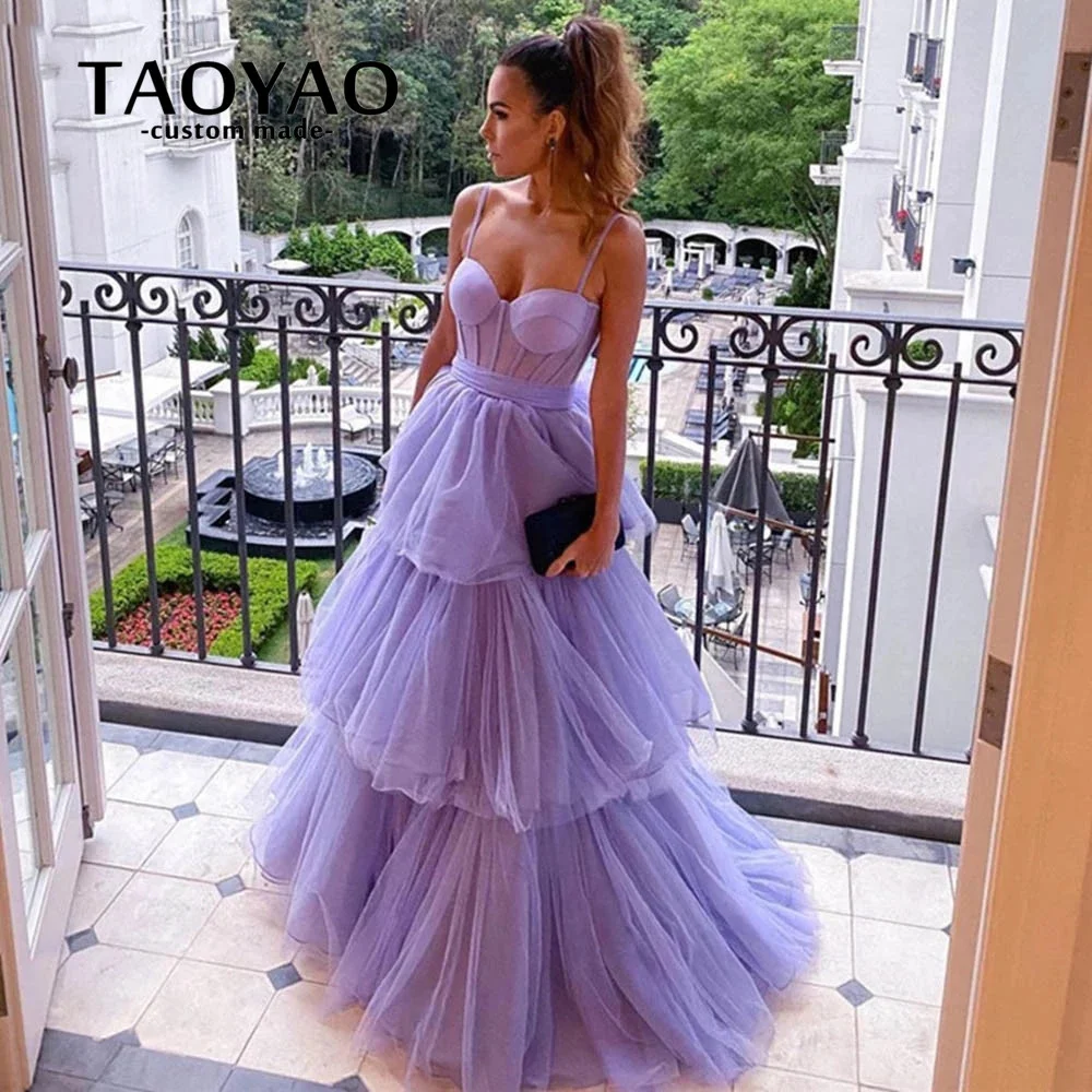 

Pretty Prom Dresses Purple Sweetheart Ball Evening Gowns Spaghetti Straps Backless Party Dresses Sleeveless Laces Robe De Soirée