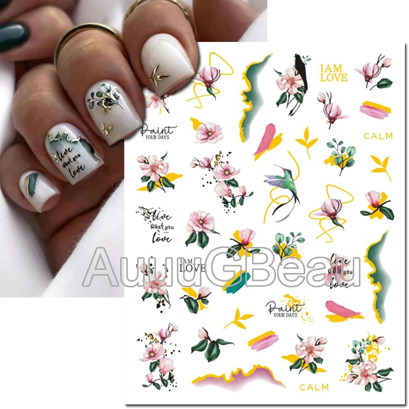 

Nail Decals 3D Gold Pink Buds Camellia Flowers Owl Birds Back Glue Nail Stickers For Nail Tips Beauty