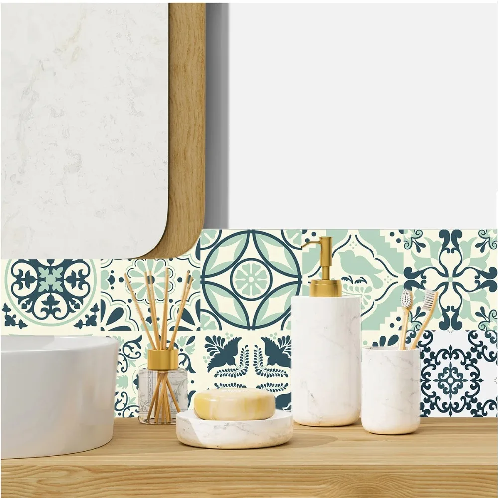20Pcs Vintage Sage Green Spanish Tile Stickers Self-Adhesive Skirting LineTile Decals for Backsplash Cabinet Home Stairs Decor view 5