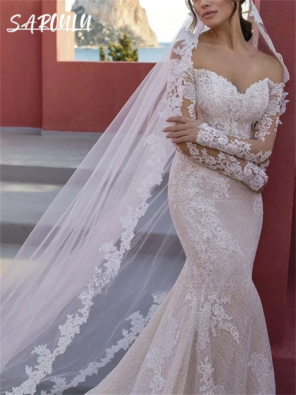 Classic Beige Lining Wedding Dress Mermaid Long Customized Bride Dresses Off The Shoulder Full Sleeves Bridal Gown Court Train