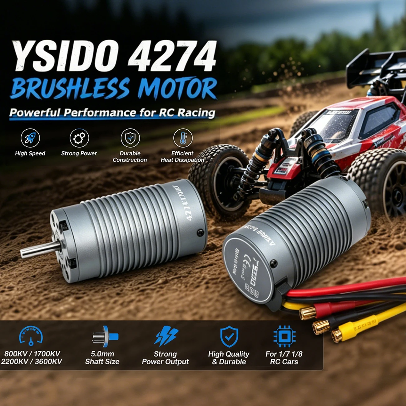 YSIDO 4274 Brushless Motor 800KV 1700KV 2200KV 3600KV 5.0mm for 1/7 1/8 RC Buggy Racing Turck Model Car Modification Accessories