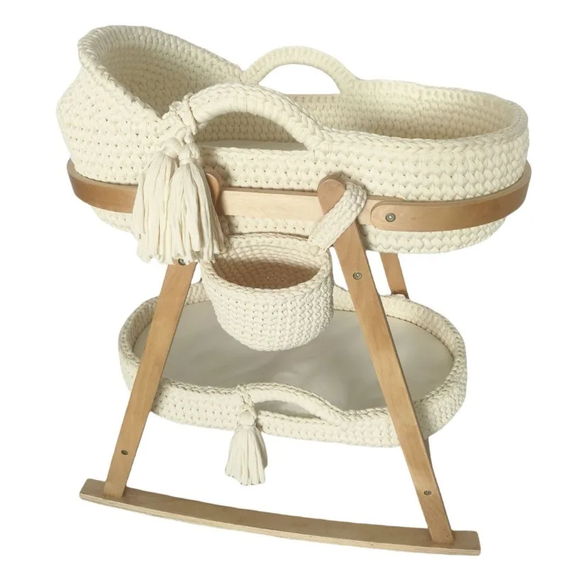 Baby Cradle Handwoven Beige Crochet Bassinet Portable Moses Basket Newborn Lounger with Wooden Stand and Soft Mattress