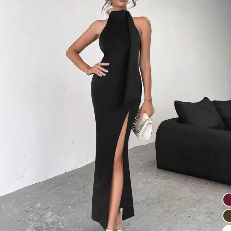

Женское модное платье, летнее сексуальное платье с открытой спиной и бретелями, высоким разрезом и лентой, макси-клубная одежда без рукавов, черные платья для женщин