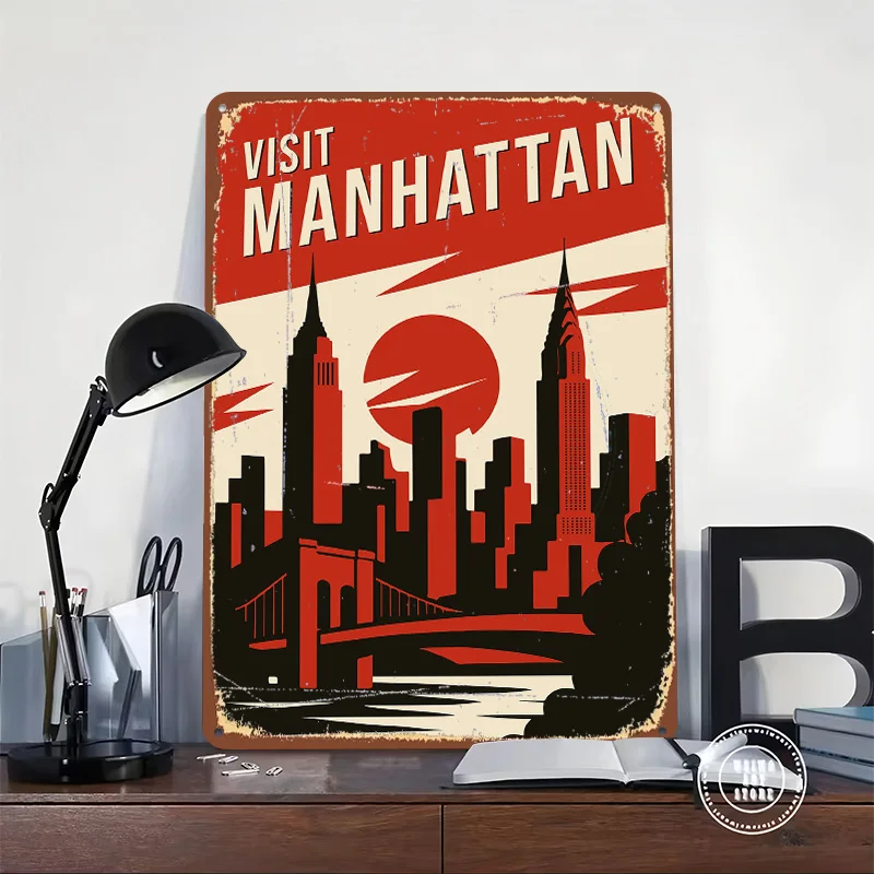 Manhattan Retro Travel Tinplate Poster Custom Wall Art Vintage Metal Signs Retro Tin Plaque for Coffee Bar Accessories Wand Deko