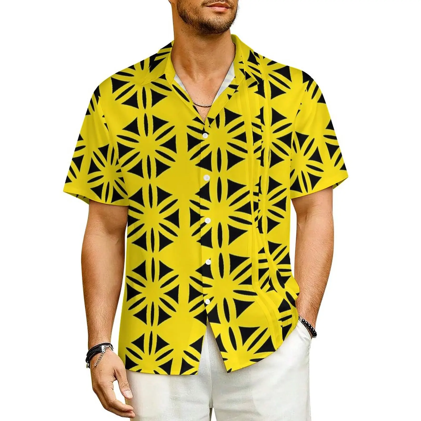 

Hawaiian Shirt Beach Geo Print Blouses Abstract Flower Elegant Casual Shirts Men Short-Sleeve Streetwear Oversized Top