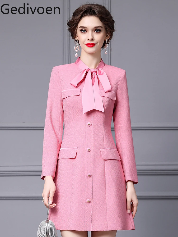 

Gedivoen Fashion Designer Autumn Women's Dresses BOW Collar Appliques Button Solid Empire Office Lady A-LINE Dress