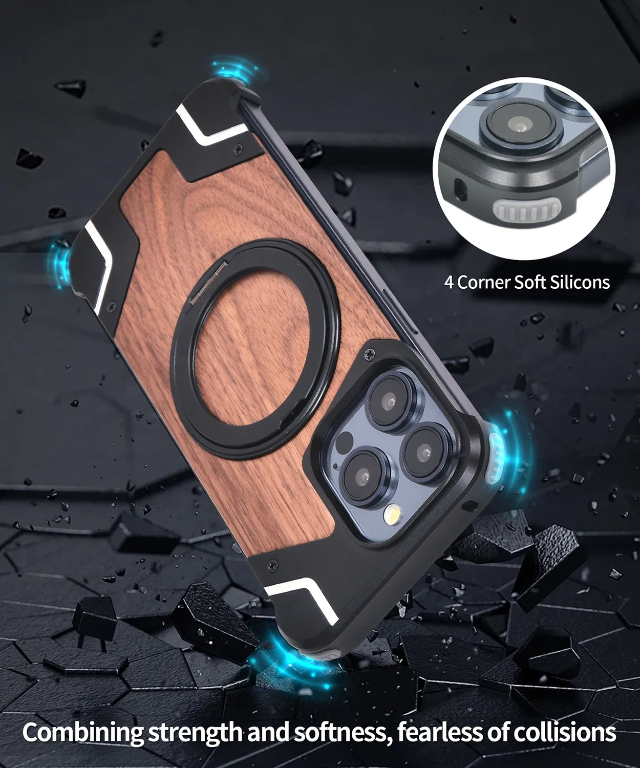 

Magnetic Phone Holder for iPhone 360° Rotating Ring Stand Walnut Wood Metal Case Framework Protective Cover iPhone 15 14 Pro Max