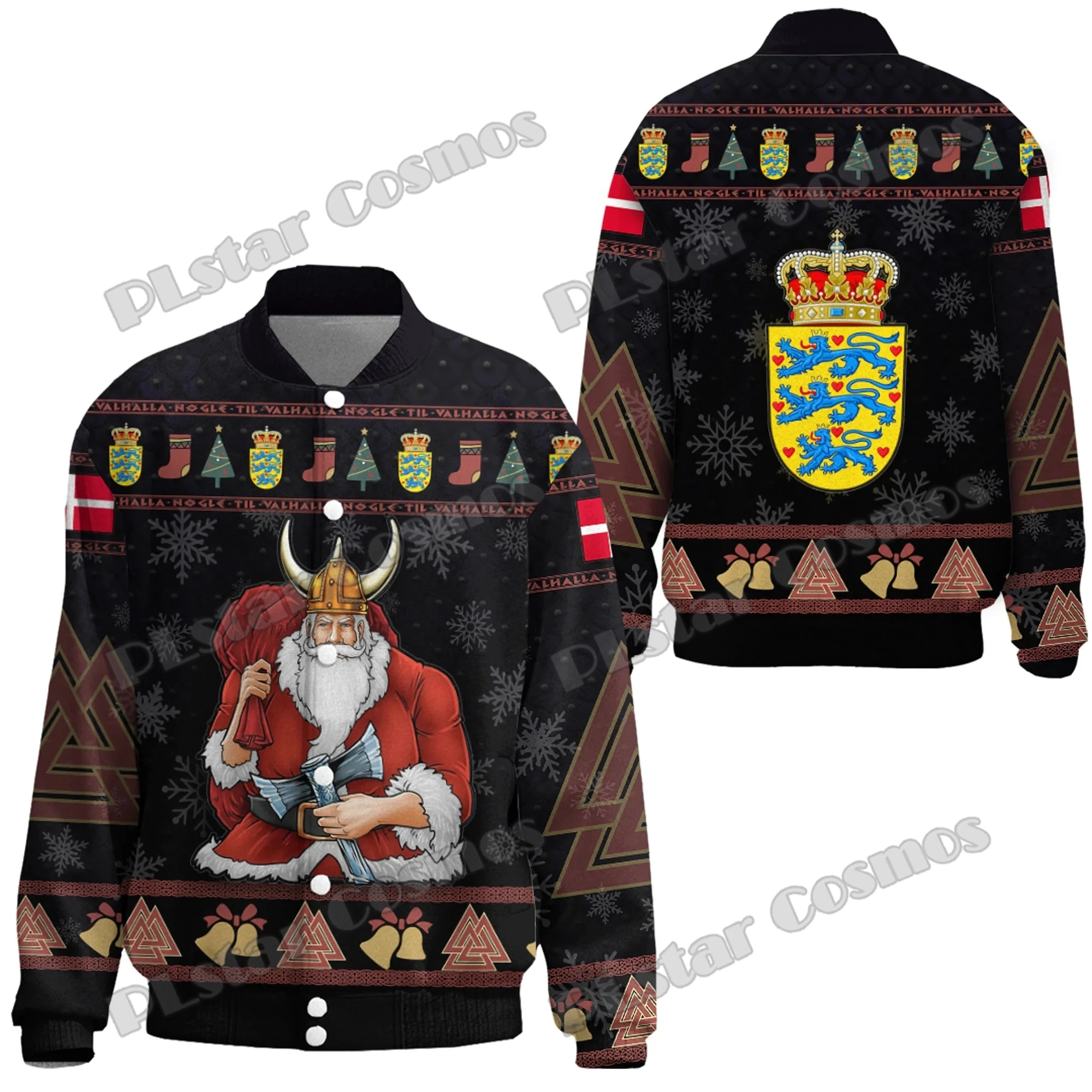 Denmark Santa In Valhalla Tattoo 3D Printed Fashion Men's Thicken Stand-Collar Jacket Unisex Casual Winter Baseball Jacket FX42