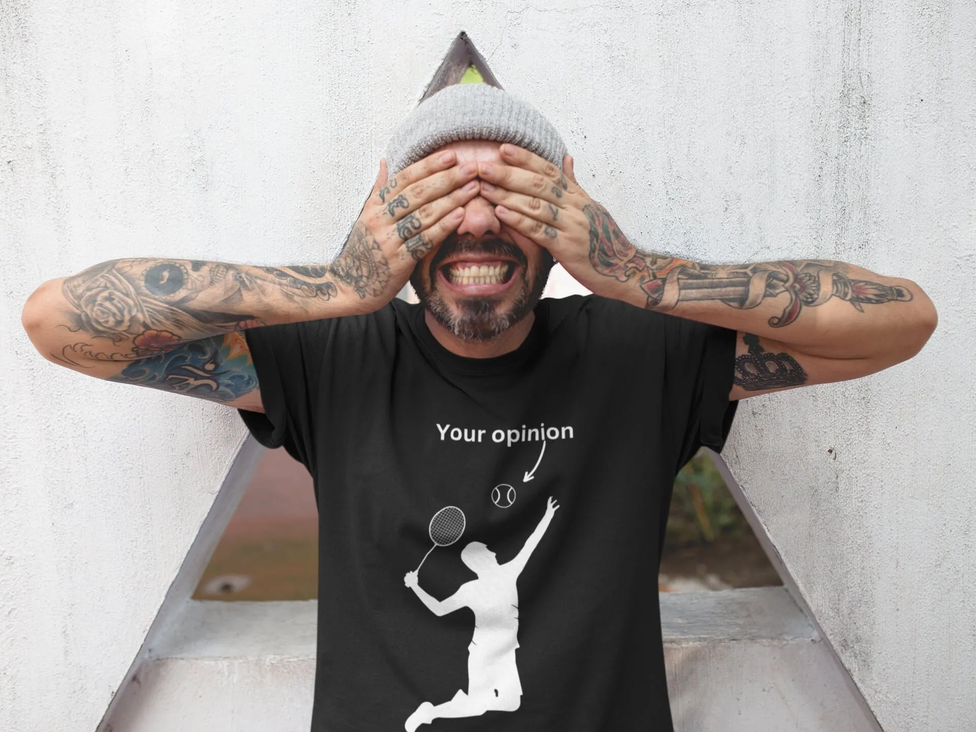 Your Opinion T Shirt Funny And Edgy Design Featuring A Tennis Player About To Smash 'Your Opinion' Like Ball