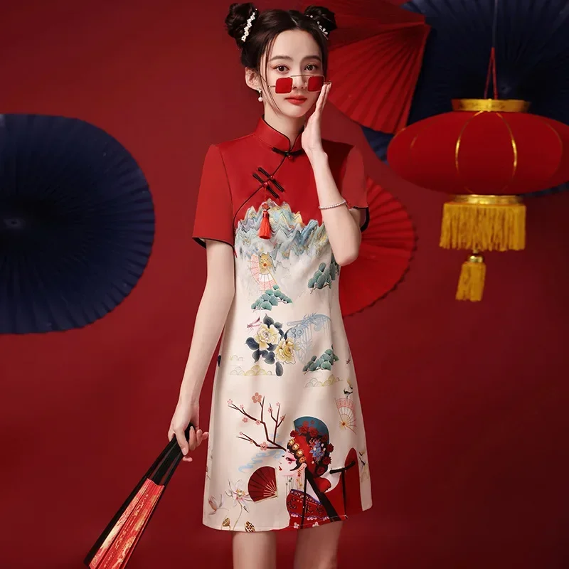 

High Street Y2K Fashion Cheongsams Chinese Dress Women Improved Qipao Personality Printed Dress 치파오 ципао Vestidos Para Mujer