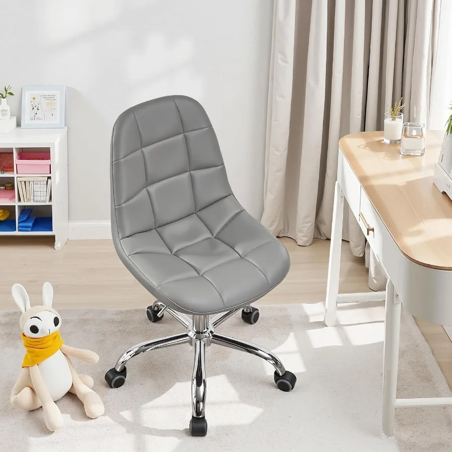 مكتب وكرسي مكتب منزلي بدون ذراع، ارتفاع قابل للتعديل، دوار 360 درجة مع عجلات، كرسي تزيين أنيق وغير رسمي، رمادي.