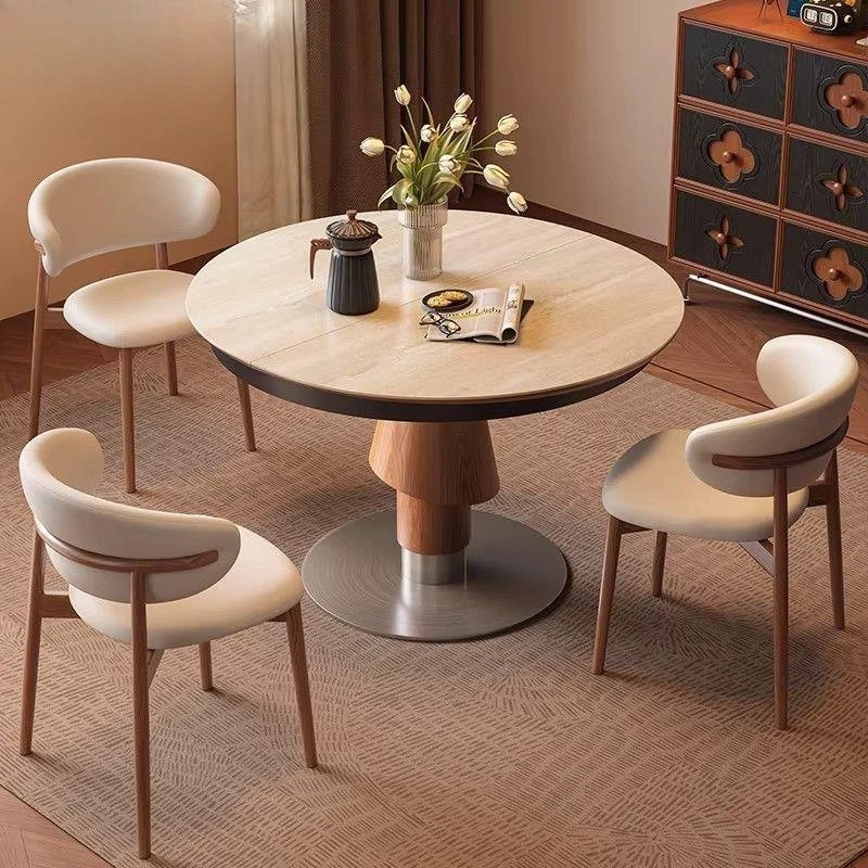 Retractable dining table Folding variable round table Round travertine rock slab Solid wood