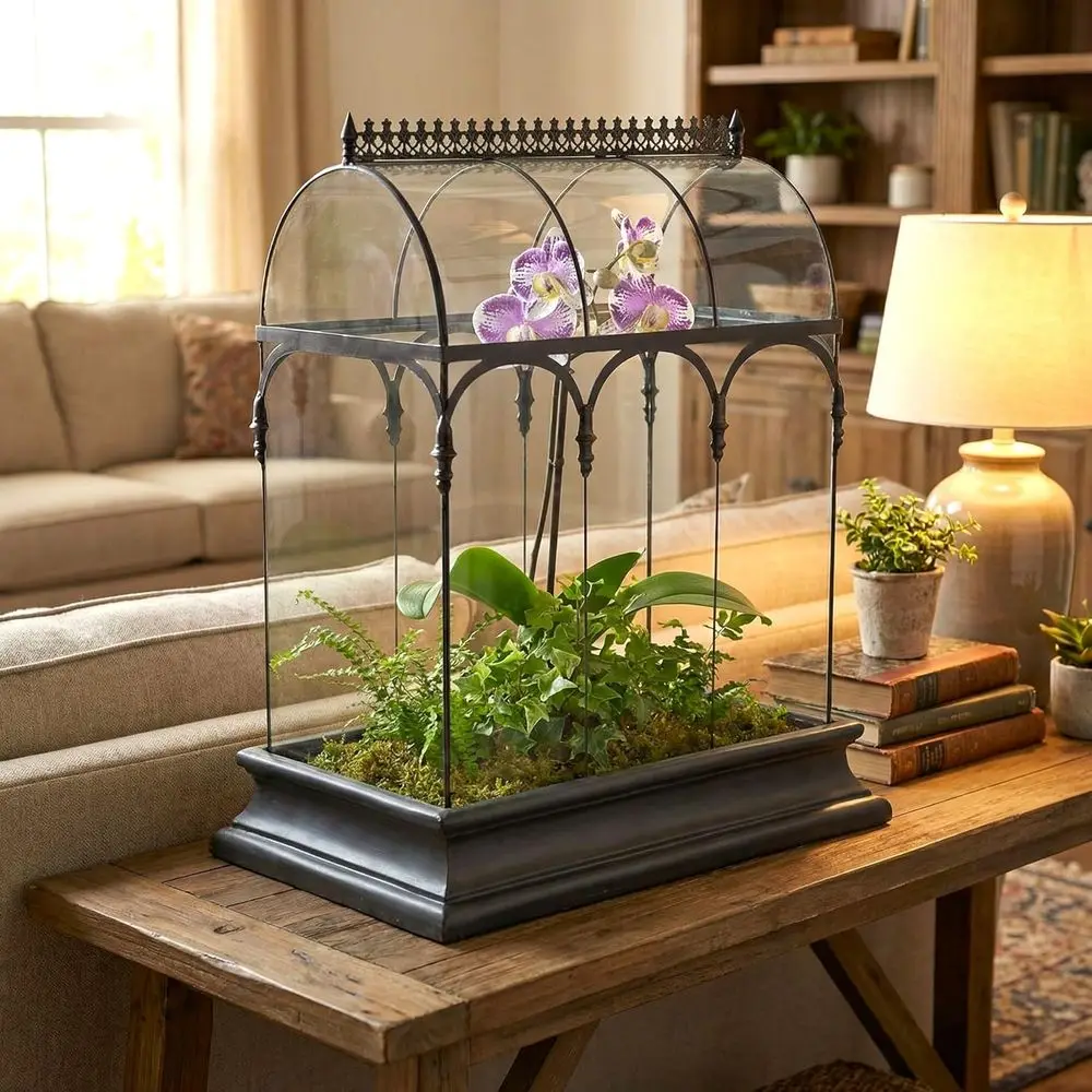 H Potter Large Glass Terrarium 22 Inch Tall, Curved Glass Wardian Case Planter with Resin Base, Indoor Display or Orchids erns S