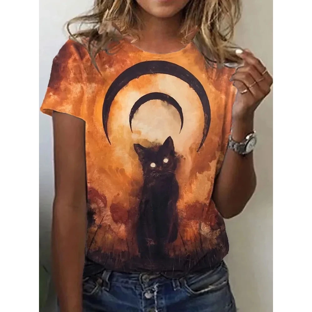 Women's Halloween Black Cat Round Ring Print T-Shirt