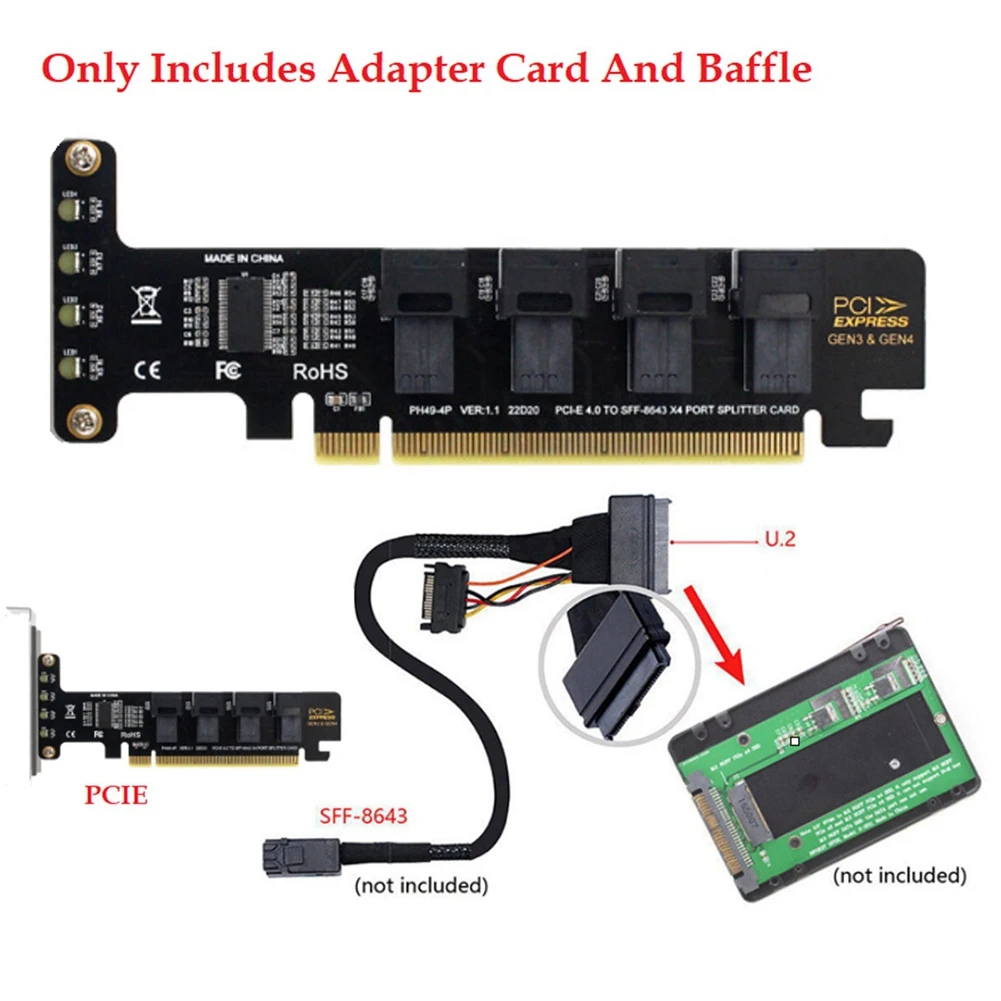 1 Uds PCI-E 16X a cuatro U.2 NVME SFF-8643 PCIe SSD tarjeta adaptadora PCIE 4,0 tarjeta divisora para placa base SSD SFF-8639