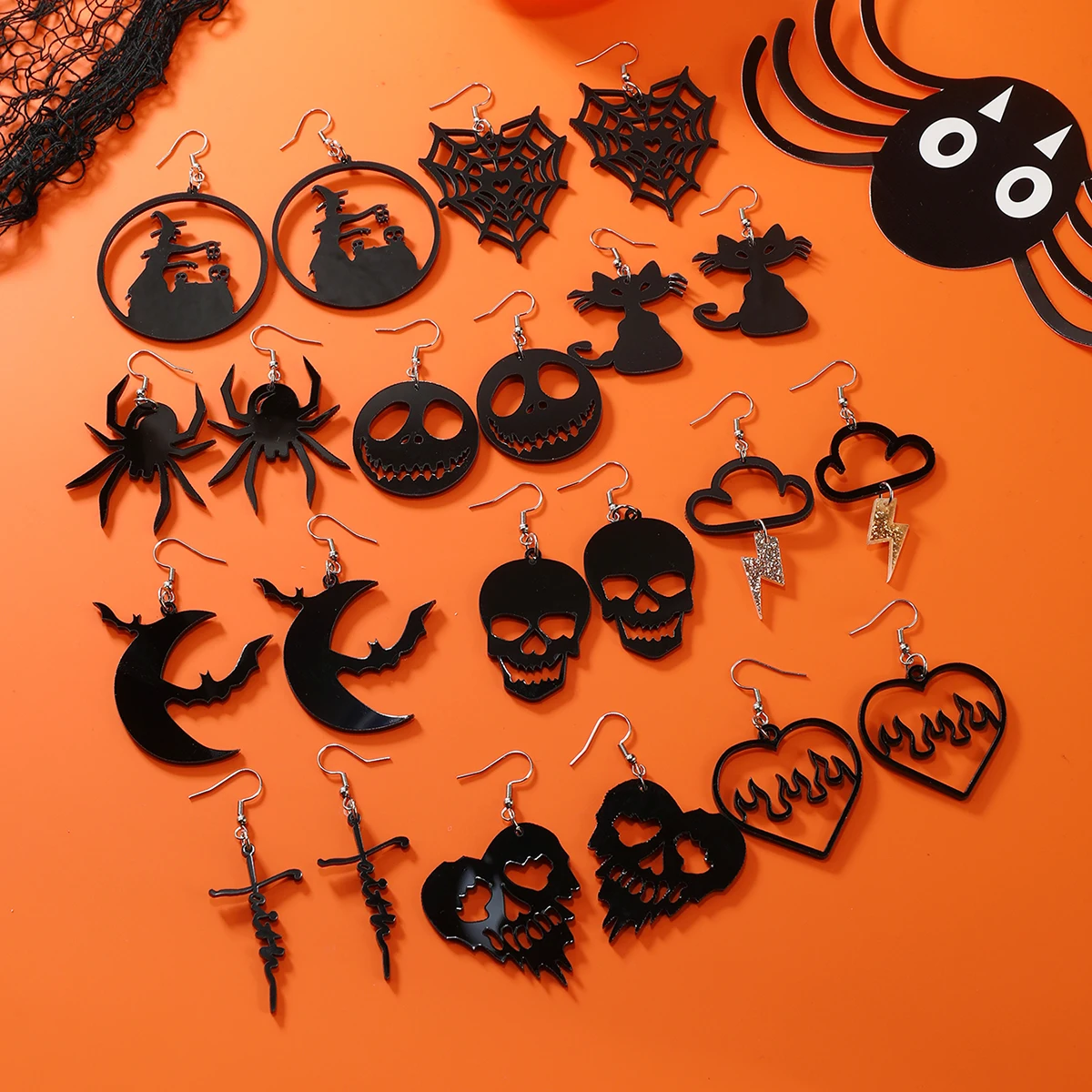 2 PCS Halloween New Acrylic Earrings Pumpkin Bat PU Leather Hollow Earrings European and American Festival Earrings Jewelry