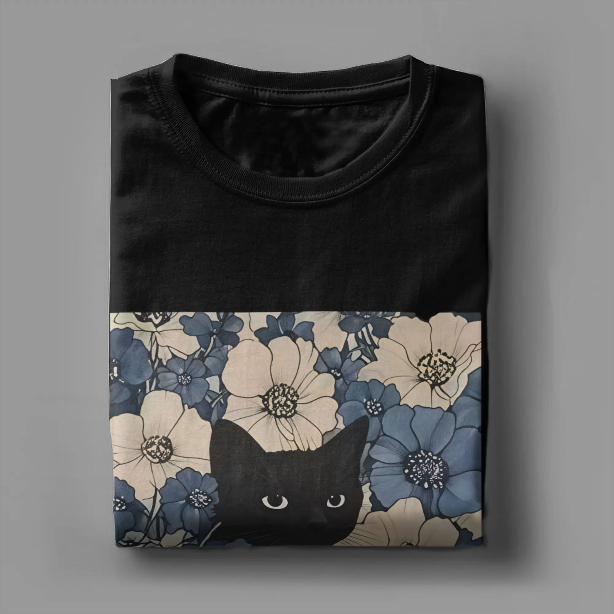 Men Black Cat Hidden In Blue Beige Floral Art T Shirts Cotton Tops Summer Streetwear Short-Sleeved T Shirt O-Neck Popular Tshirt