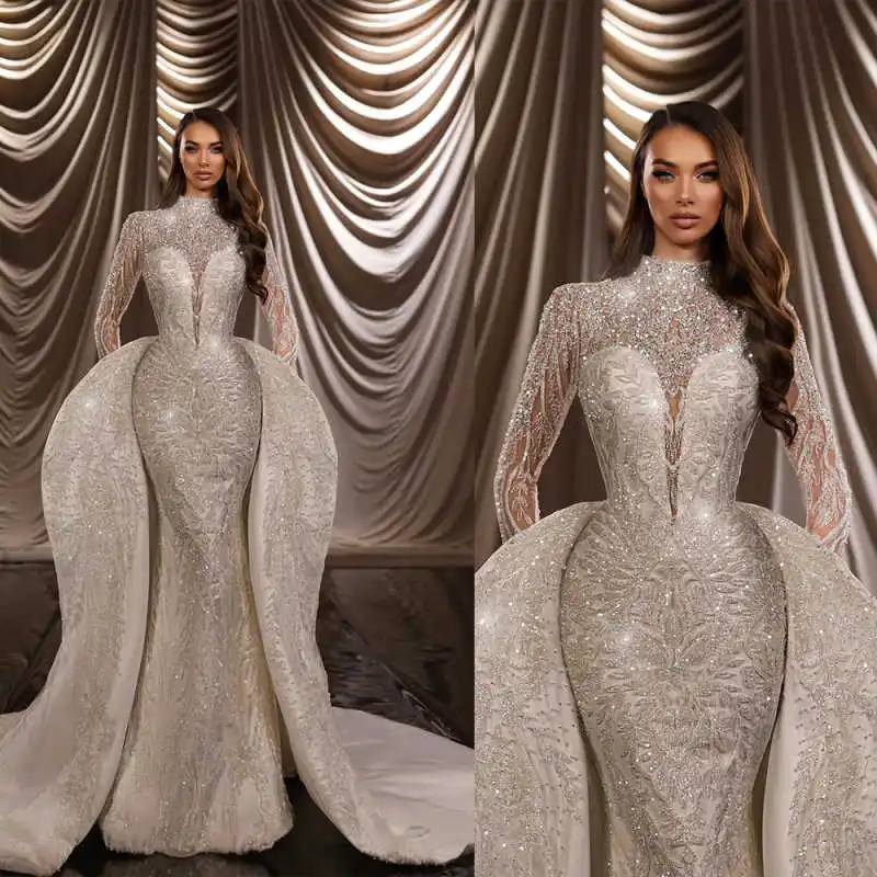Modern Mermaid Wedding Dress High-Neck Bridal Shine Sequin Gowns Dress Appliques 3D-Lace Vestina De Novia Plus Size Customized