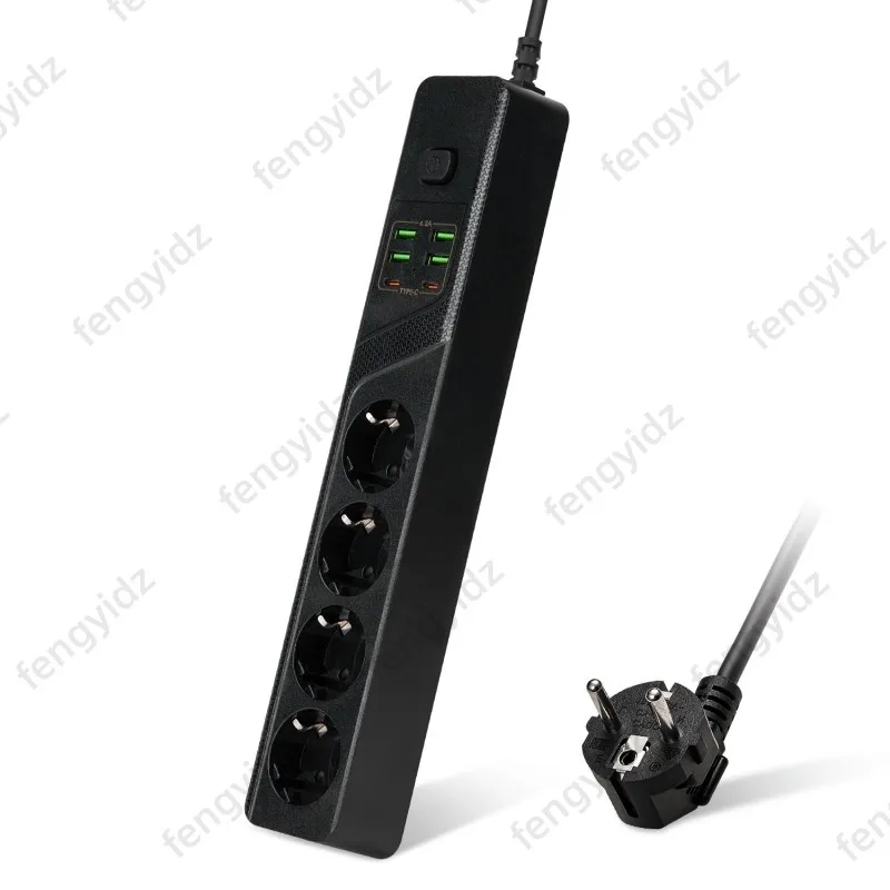 Standard Grounded Power Strip 4 EU Plugs Sockets 4 USB 2 Type C Ports Overload Protection With Extension Cable for Home Office