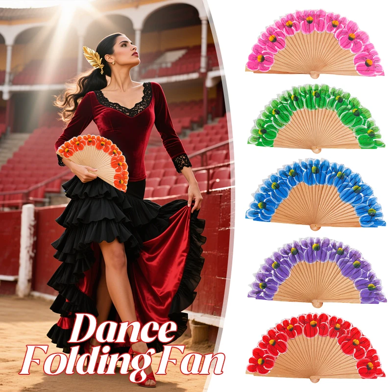 Chinese Style Cheongsam Dance Folding Fan Wooden Hand-painted Pattern Women's Hanfu Classical Fan Ancient Costume Folding Fan