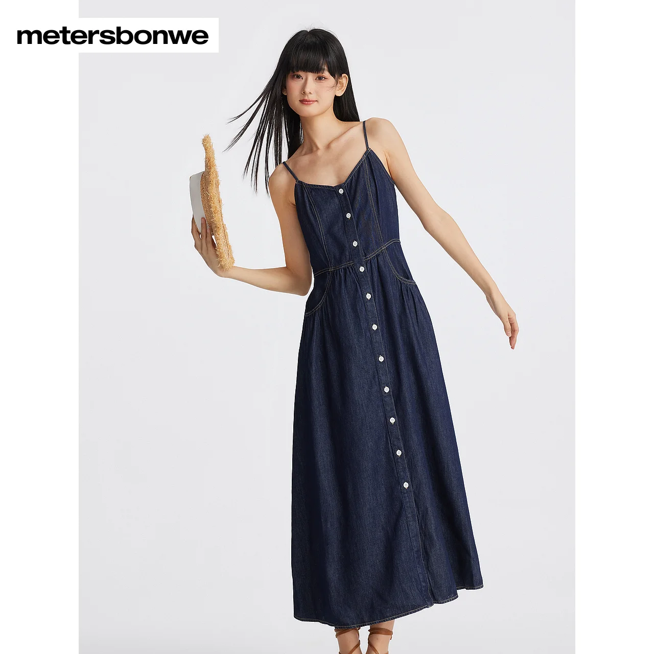 Metersbonwe-2024 New Summer Slim Denim Dress for Women, Suspender Long Dress, Casual Dress for Girls, High Quality Brand Dresses