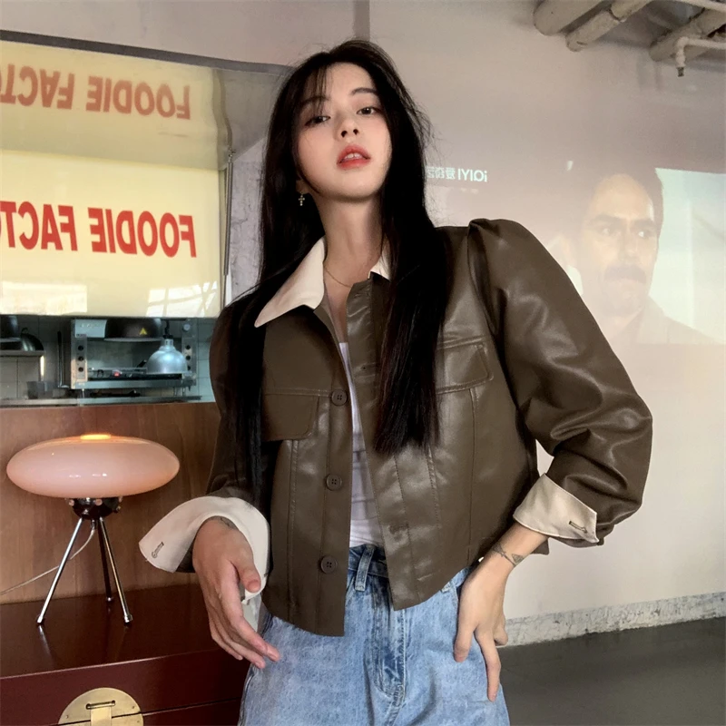 

Slim Fit ort Jaet Color Blo Leather Coat Little Fraance Sle Contrast Color Design Long Sve Women's Faion