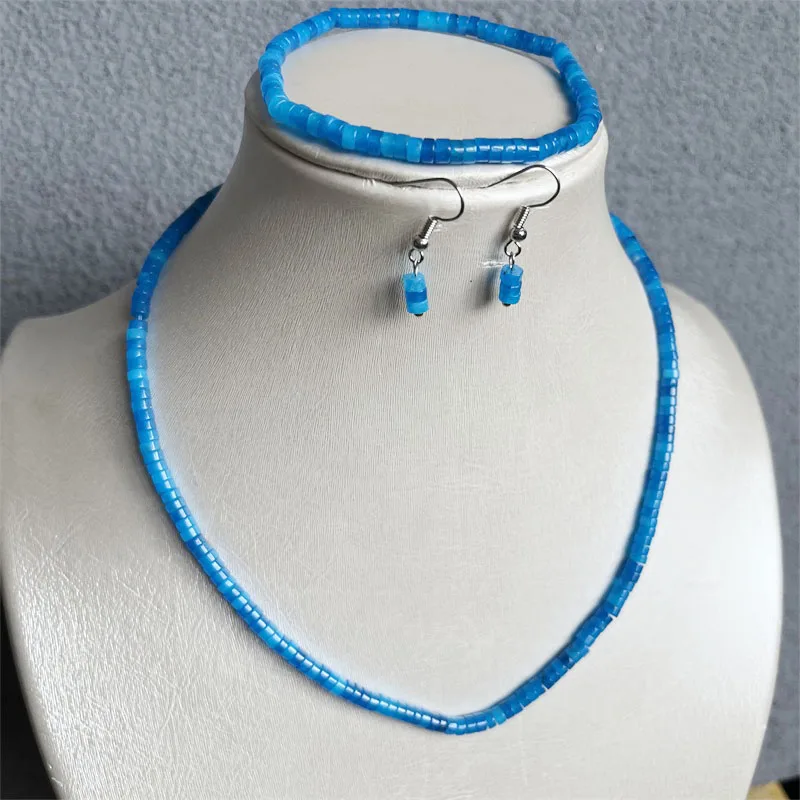 Heishi 2*4MM set perhiasan batu alam giok biru laut manik-manik kalung anting gelang rantai Choker desain trendi pernikahan