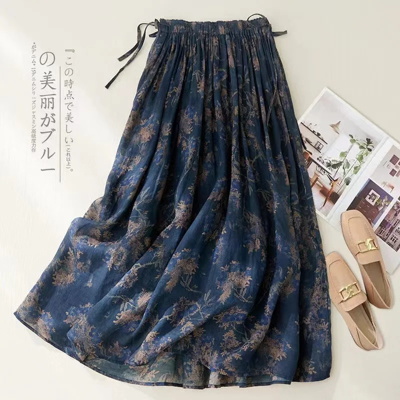 2024 New Summer Vintage Women Skirts Casual Floral Printed Long Skirts Elastic Waist Drawstring Female Loose Skirt Jupe Femme