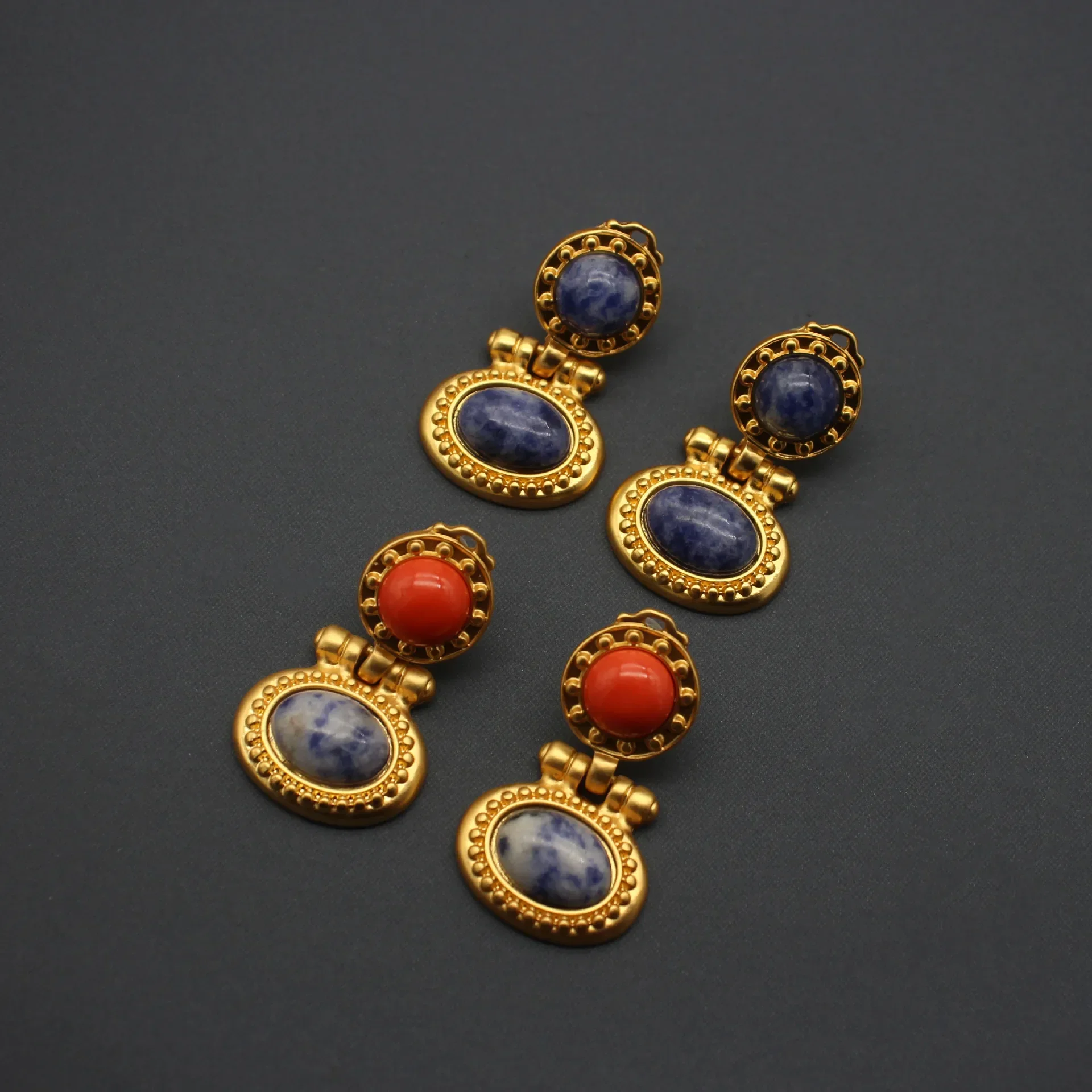 

European and American Jewelry Matte Gold Electroplating Retro Blue Stone Byzantine Style Medieval Earrings