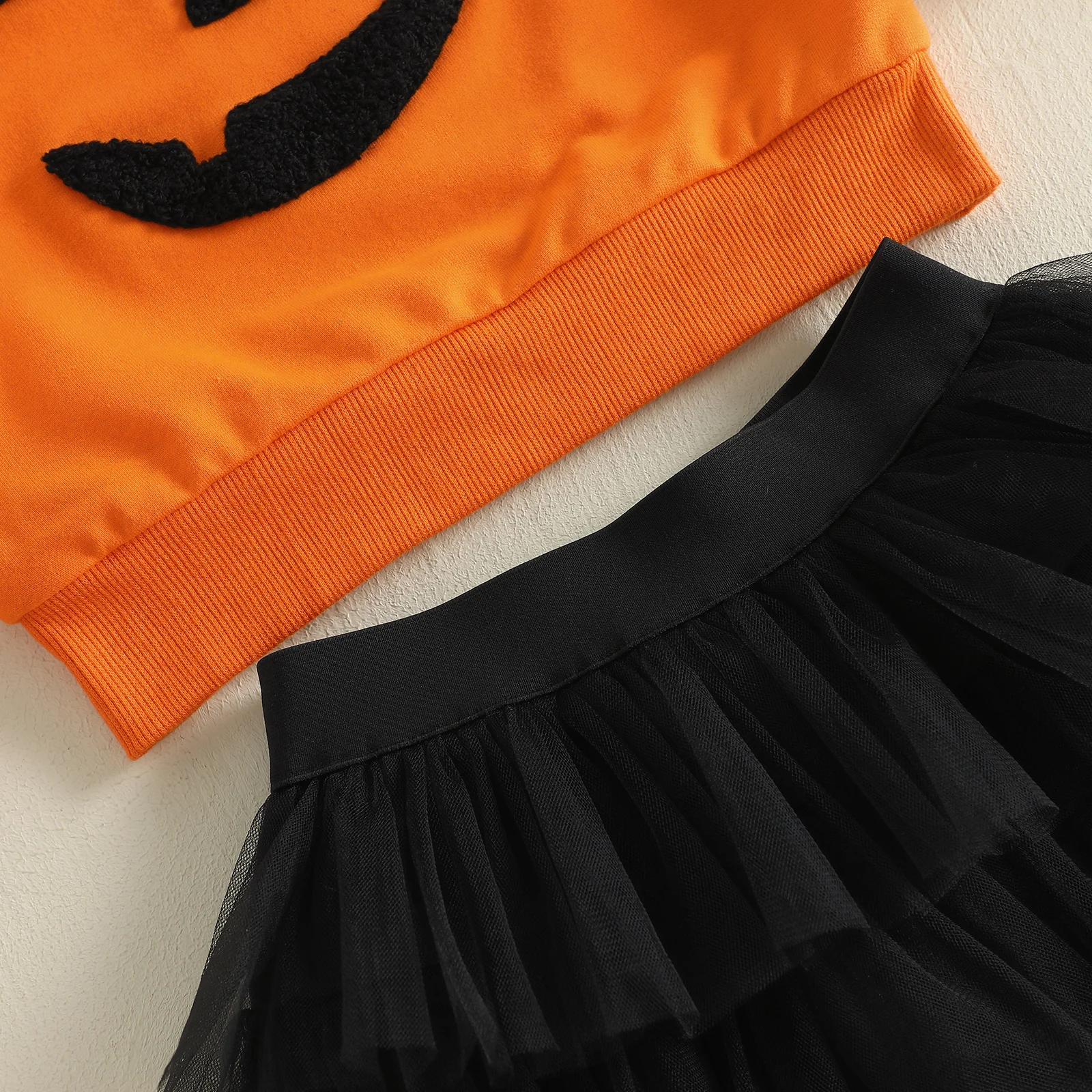Toddler Baby Girl Halloween Outfits Devil Pumpkin Face Print Crew Neck Long Sleeve Sweatshirt and Mesh Skirt 2 Pcs Set