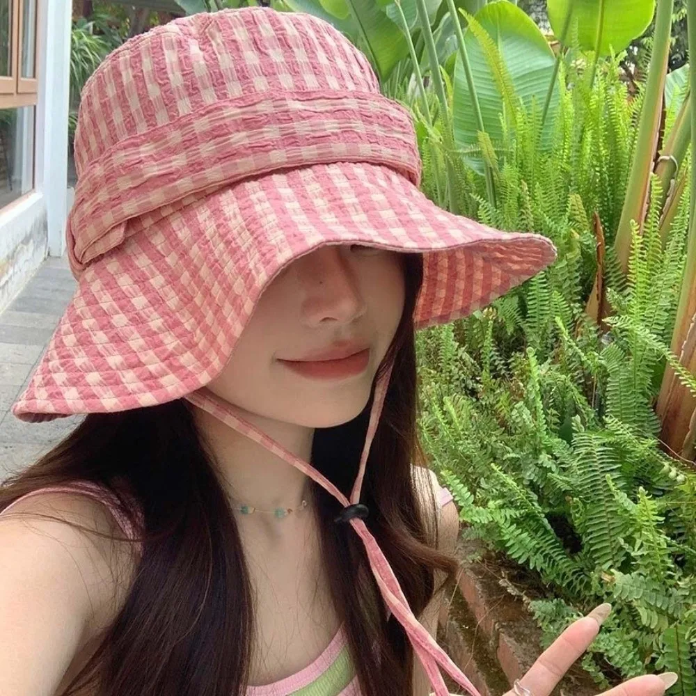 

Casual Korean Style Fine Plaid Fisherman Hat Wide Brimmed Bow Sunscreen Basin Cap Thin Versatile Folding Sun Cap Sunshade