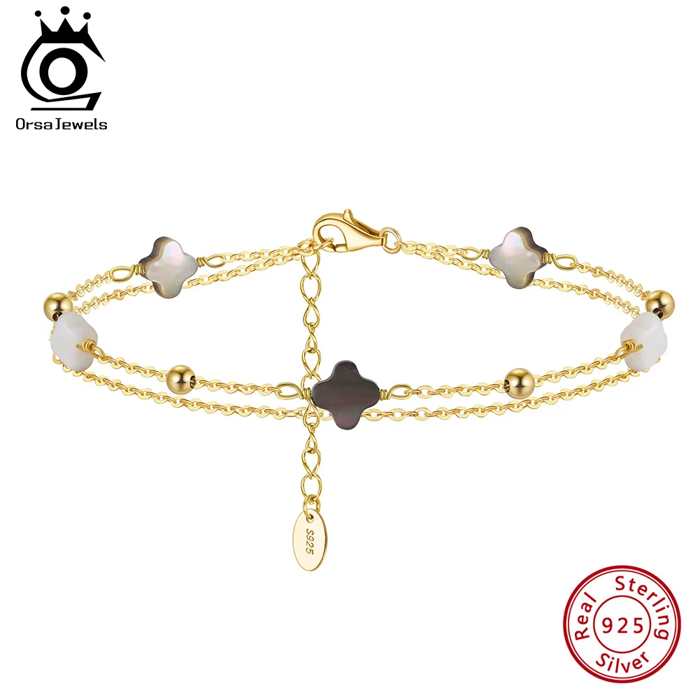 ORSA JEWELS 925 Sterling Silver Four-Leaf Clover White & Black Shell Bracelet O-Chain Symbol Of Riches & Good Founter Gift GMB66