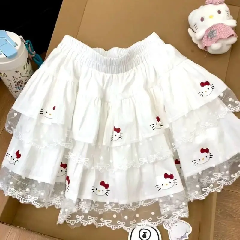 

Sanrio Korean Sweet Hello Kitty Кружевная юбка-торт для девочек Y2k Модное кружевное платье Лолиты Новая летняя пышная короткая юбка