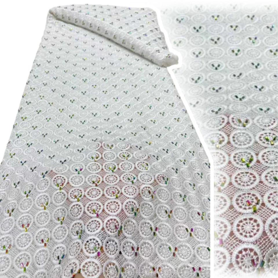 

High Quality African Guipure Water Lace and Fabric Colorful Sequins Latest Nigerian Soluble Fabric Sew Party Dresses 5Y SZ1471