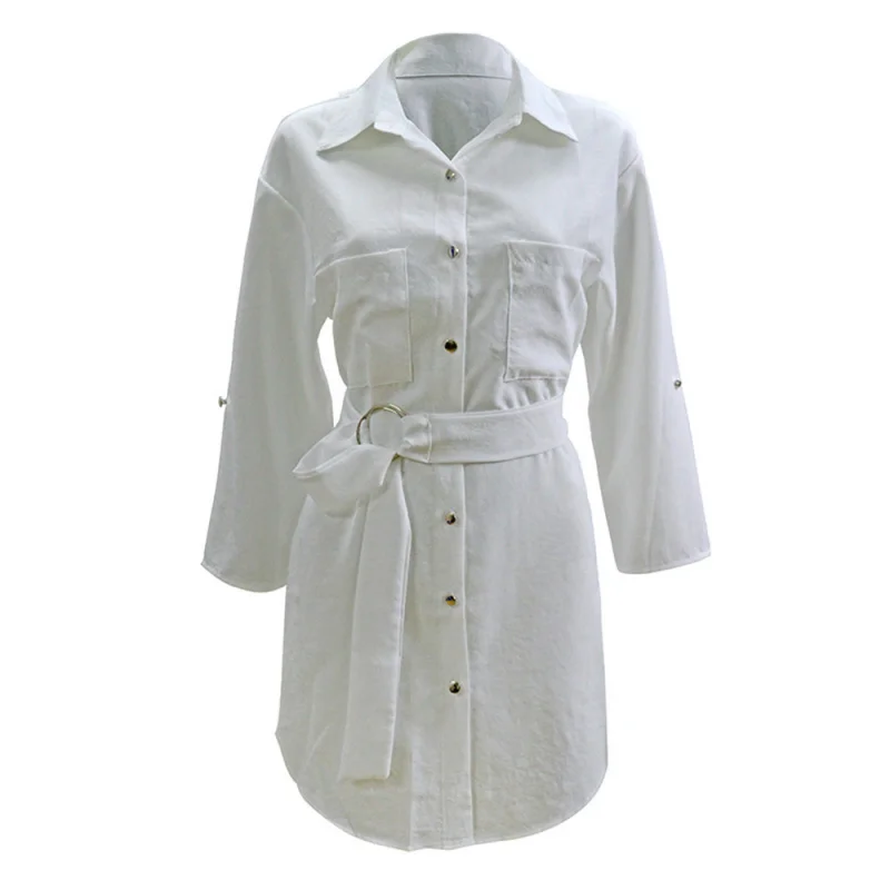 202European and American Summer Lace-up Cardigan Solid Color Roll-up Sleeve Shirt Dress