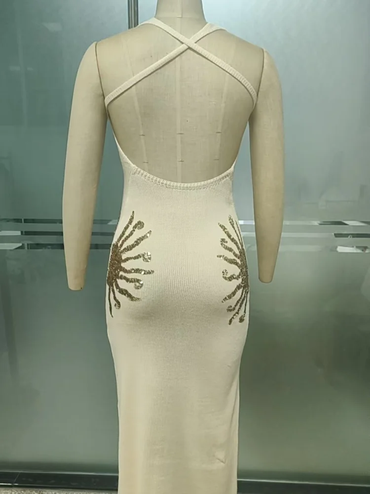 Sexy Hallow Out Knitted Long Dress Women Slim Sleeveless Tube Top Halter Holiday Dresses 2025 Summer Solid See Through Robe