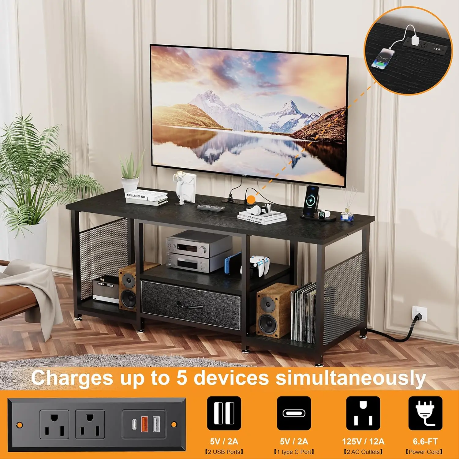 حامل تلفزيون عالمي مع حامل ومخرج طاقة وأدراج قماشية - مركز ترفيهي لتلفزيون 32-85 #5