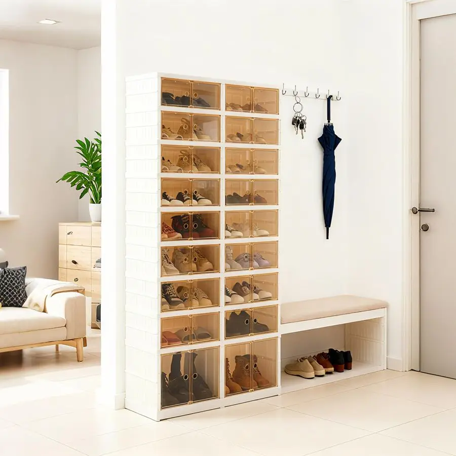 Tiers36 Pairs Folding Shoe Rack Organizer Cabinet with Doors, Large Plastic Collapsible Shoes Shelf, Foldable Shoe Storage Boxes