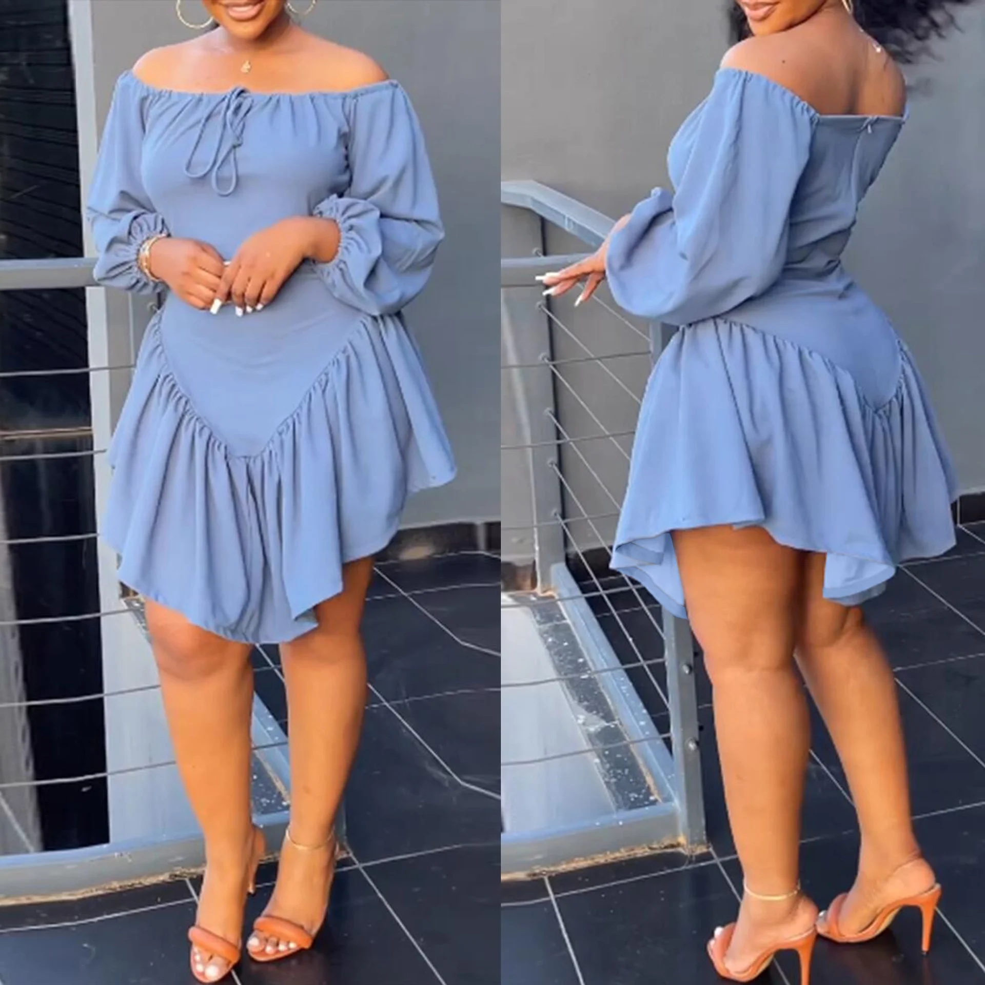 

Fashion Women Dresses 2023 Sexy Slim Fit Solid Lace Strap Elastic Off Shoulder Lantern Sleeve Dress Casual Simple Summer Dress