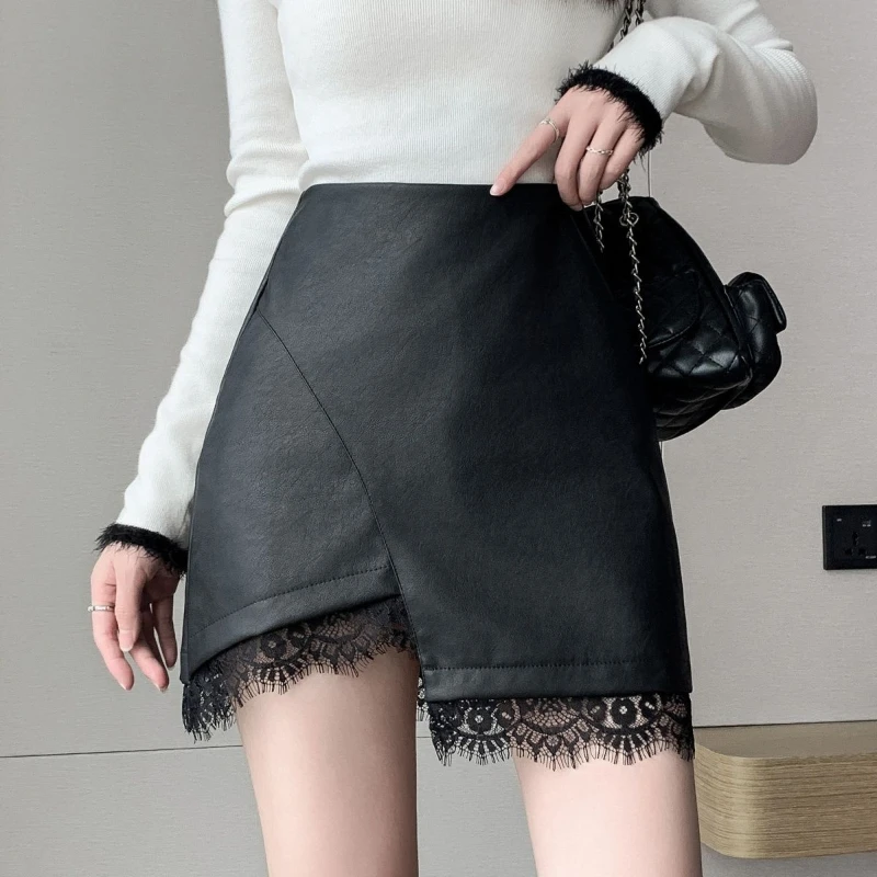 

Korean Fashion Autumn Winter New Women Solid Zipper Lace Patchwork Irregular Simplicity High Waist Short A-line PU Leather Skirt