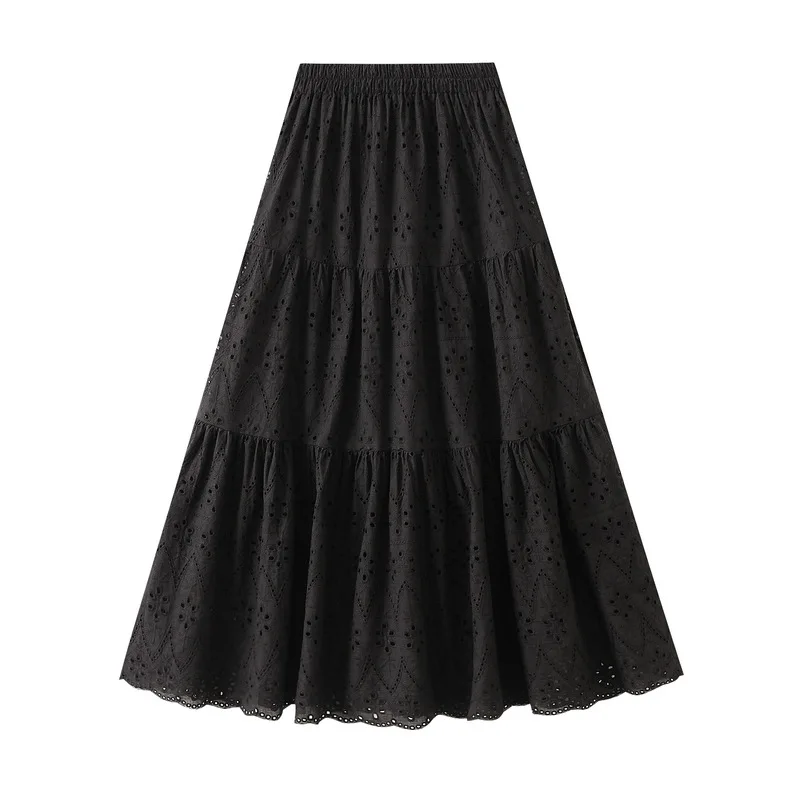 White A-line Skirt Spring Summer Women Fashion Hollow Out Cotton Skirt Female Vintage Elegant High Waist Aesthetic Skirt Lady