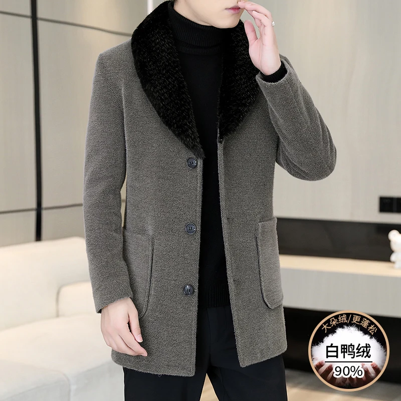 

Mens Luxury Big Fur Collar Retro Gentleman Long Trenchcoats For Cold 90% White Duck Down Warm Long Jackets Winter Warm Overcoats