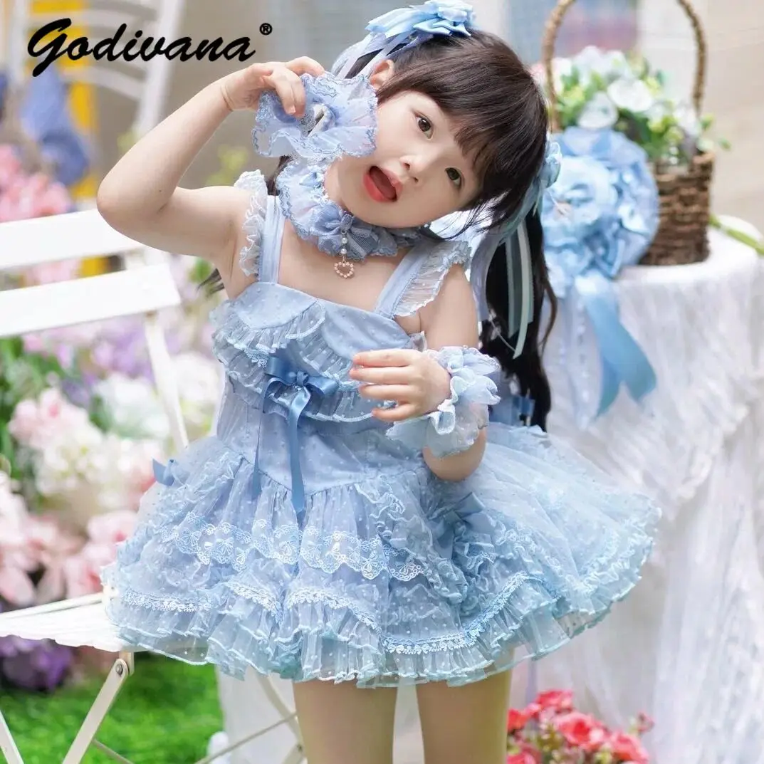 Original Sweet Baby Girls Elegant Suspender Princess Tutu Dress 2026 Summer New Kids Lace Trim Birthday Performance Ball Gown