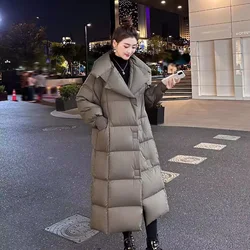 Women's Knee-length White Goose Down Jacket, Thick Warm Coat, High-end Elegant Loose Casual Large Lapel, Winter, New