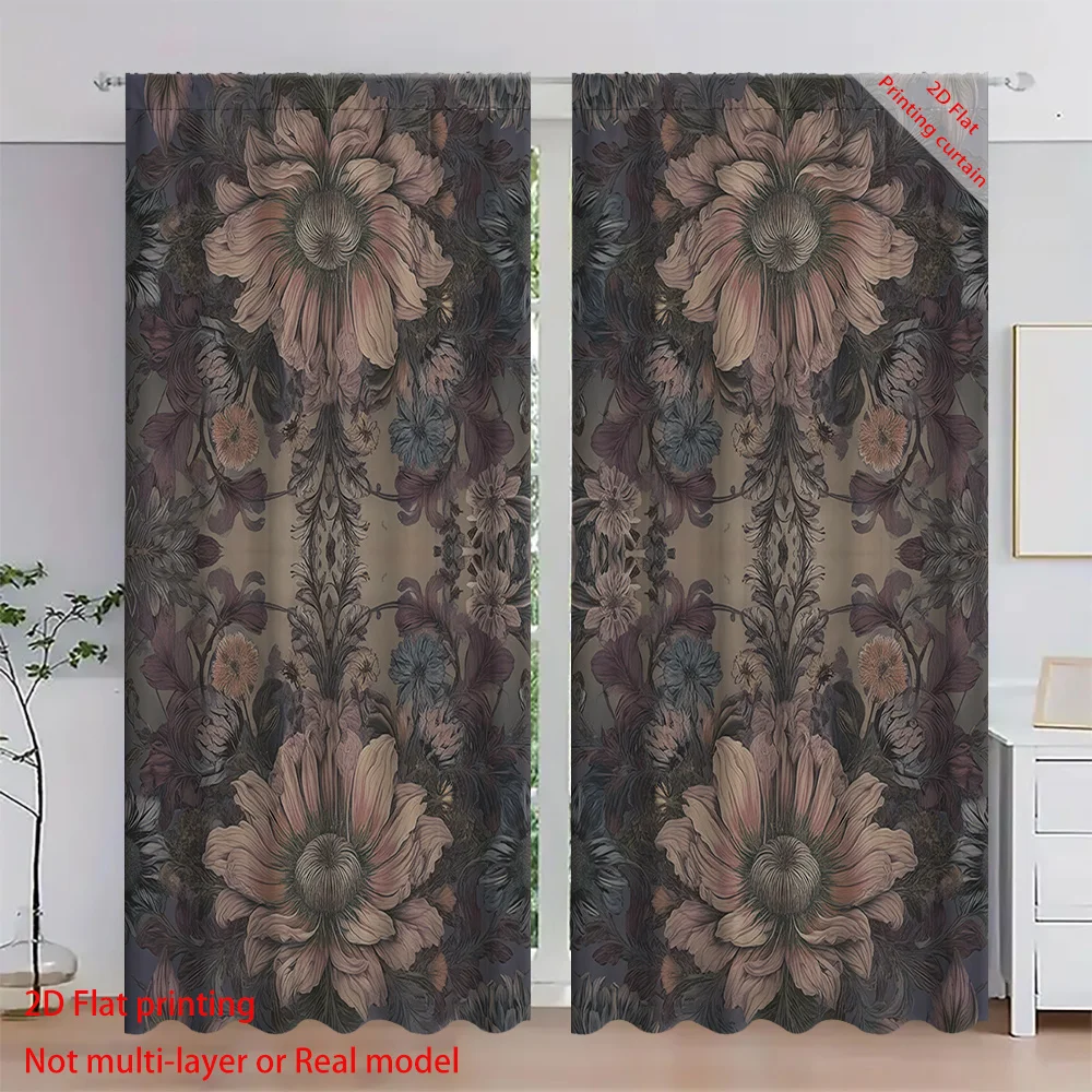 Retro symmetrical floral printed curtains, home decoration sunshades, used for dormitories, offices, bedrooms, living rooms